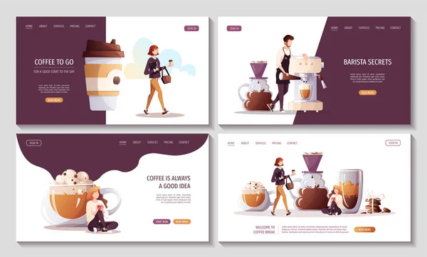 Set Web Pages Coffee Shop Break Cafe Bar Restaurant Barista — 스톡 벡터