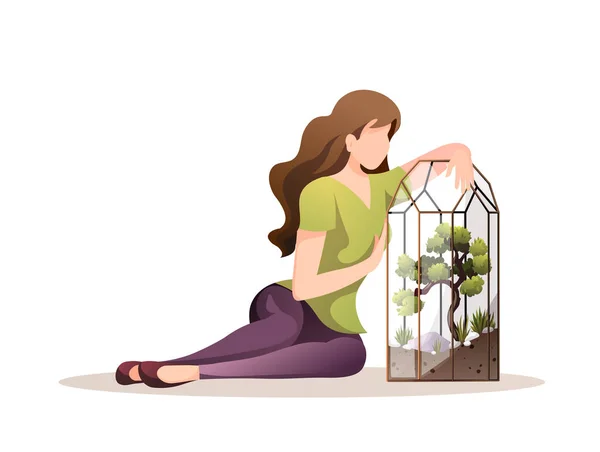 Donna Con Pianta Appartamento Fiorario Giardino Casa Serra Giardinaggio Concetto — Vettoriale Stock
