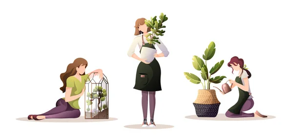 Frauen Die Sich Zimmerpflanzen Kümmern Hausgarten Gewächshaus Gartenarbeit Pflanzenliebhaber Zimmerpflanzenlagerkonzept — Stockvektor