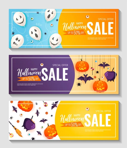 Happy Halloween Promo Sale Flyers Halloween Elements Страшные Тыквы Воздушные — стоковый вектор