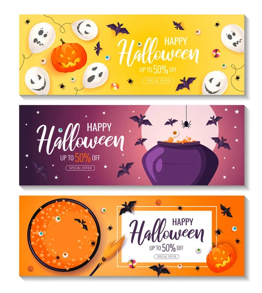 Happy Halloween Promo Sale Flyers Met Halloween Elementen Enge Pompoenen — Stockvector