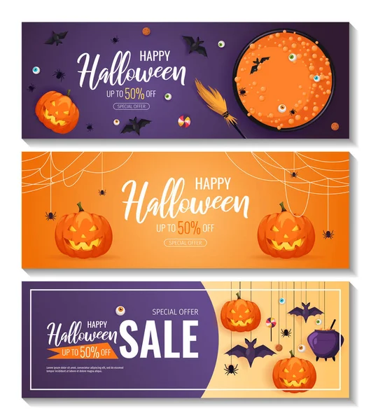 Happy Halloween Promo Sale Flyers Halloween Elements Страшные Тыквы Воздушные — стоковый вектор