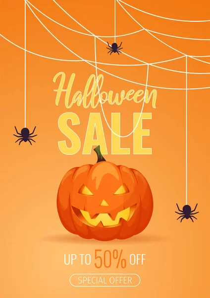 Happy Halloween Kartendesign Mit Halloween Elementen Gruseliger Kürbis Und Netz — Stockvektor