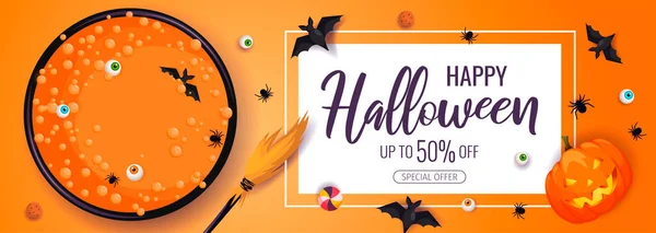 Joyeux Halloween Promo Vente Flyer Avec Des Éléments Halloween Chaudron — Image vectorielle