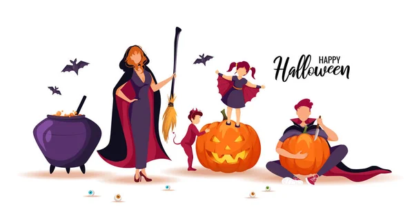 Progettazione Della Carta Halloween Con Famiglia Felice Vestita Costumi Strega — Vettoriale Stock