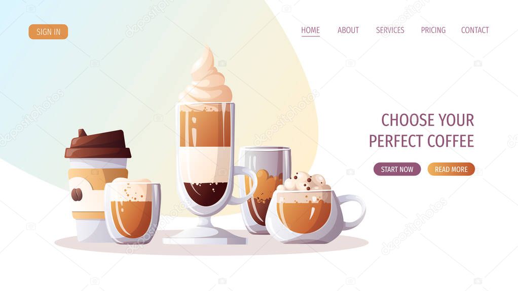 Variety of coffee drinks and cups. Coffee shop, break, cafe-bar, coffee lover concept. Vector illustration for poster, banner, website.