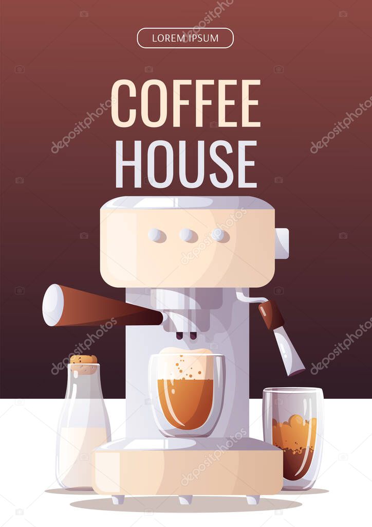 Promo banner for Coffee shop, Coffee house, cafe-bar, barista, drink. Coffee machine, Cup, bottle of milk. A4 vector illustration for poster, banner, flyer, advertising, commercial.