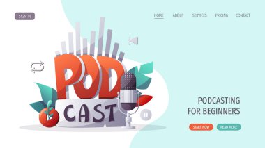 Mikrofon, telefon, kulaklık, podcast unsurları. Podcast, Streaming, Online show, blog yazarlığı, radyo yayın kavramı. Web sitesi, poster, afiş, reklam için vektör illüstrasyonu.