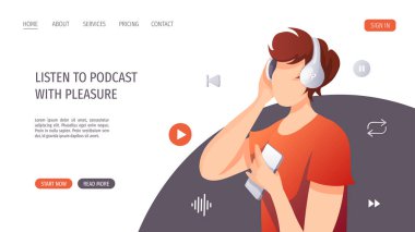 Kulaklıklı, müzik dinleyen, ses kitabı ya da podcast 'i olan genç bir adam. E-öğrenme, çevrimiçi kurslar, rahatlatıcı kavramlar. Web sitesi, poster, afiş için vektör illüstrasyonu.