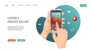 Akıllı telefonlu eller. Podcast, radyo yayını, müzik, sesli kitap, e-öğrenme, online kurslar konsepti. Web sitesi, poster, afiş, reklam için vektör illüstrasyonu.