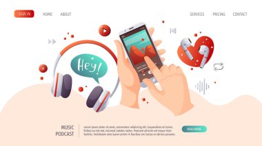 Akıllı telefon ve kulaklıklı eller. Podcast, radyo yayını, müzik, sesli kitap, E-öğrenme, eğlence konsepti. Web sitesi, poster, afiş, reklam için vektör illüstrasyonu.