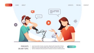 Mikrofonu ve kulaklığı olan insanlar. Yayın, Online şov, röportaj, blog, podcast, radyo yayın konsepti. Web sitesi, poster, afiş, reklam için vektör illüstrasyonu.