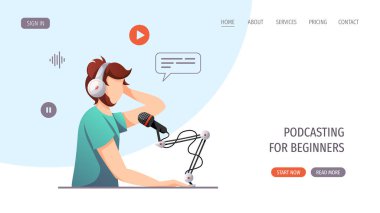 Mikrofonu ve kulaklığı olan adam podcast kaydediyor. Yayın, Online şov, blog, podcast, radyo yayın konsepti. Web sitesi, poster, afiş, reklam için vektör illüstrasyonu.