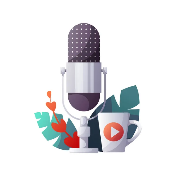 Microfone Xícara Podcast Streaming Show Online Blogging Conceito Radiodifusão Ilustração — Vetor de Stock