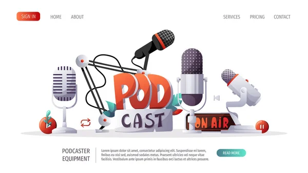 Microfone Telefone Fones Ouvido Elementos Podcast Podcast Streaming Show Online — Vetor de Stock