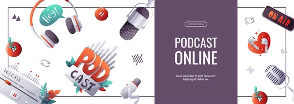 Banner Promocional Para Podcast Streaming Show Online Blogging Radiodifusão Microfone —  Vetores de Stock