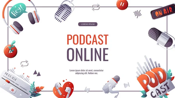 Banner Promocional Para Podcast Streaming Show Online Blogging Radiodifusão Microfone —  Vetores de Stock