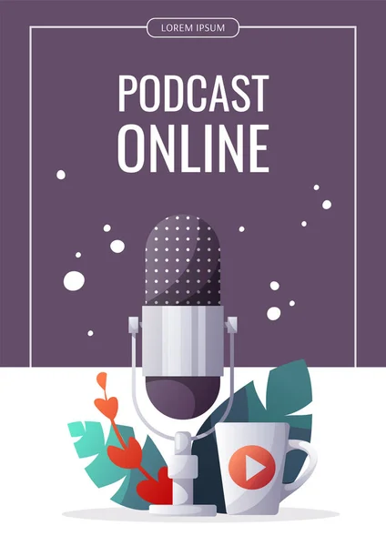 Promo Banner Podcast Streaming Online Show Blogging Radio Broadcasting Microphone — Stock Vector