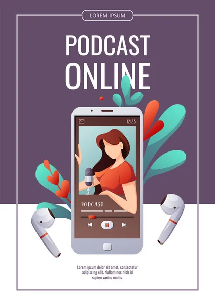 Smartphone Con Podcast Grabación Mujer Auriculares Streaming Blogging Podcasting Radiodifusión — Vector de stock