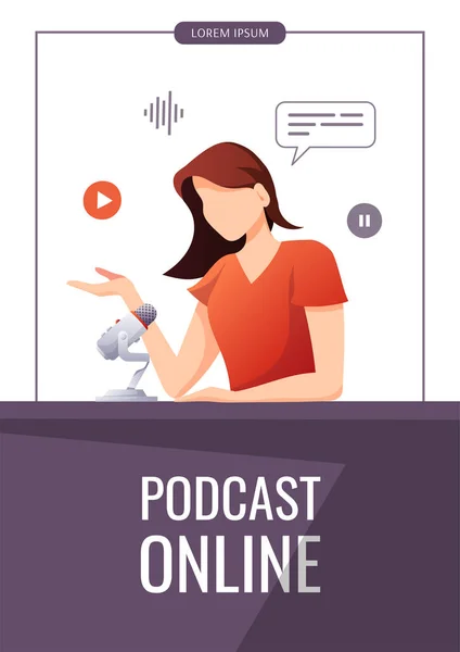 Woman Recording Podcast Microphone Streaming Blogging Podcasting Radio Broadcasting Podcast — Stock Vector