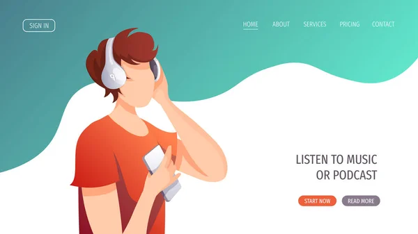 Junger Mann Mit Kopfhörern Der Musik Hörbücher Oder Podcasts Hört — Stockvektor