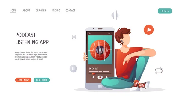 一个拿着大手机和耳机听音乐 有声书籍或播客的年轻人 电子学习 在线课程 广播概念 横幅的矢量图解 — 图库矢量图片