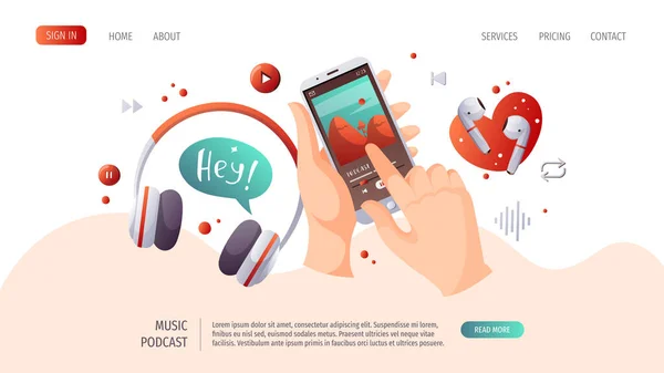 Mãos Com Smartphone Fones Ouvido Podcast Radiodifusão Música Livro Áudio — Vetor de Stock