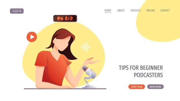 Mulher Com Podcast Gravação Microfone Streaming Show Online Blogging Podcasting — Vetor de Stock