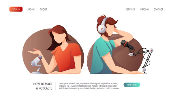 Pessoas Com Microfones Auscultadores Streaming Show Online Entrevista Blogging Podcasting —  Vetores de Stock