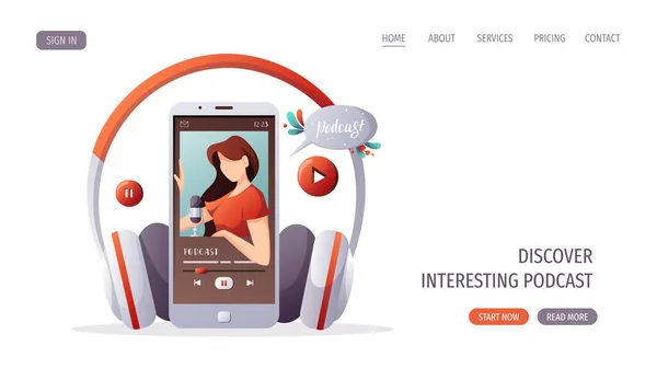 Smartphone Met Vrouw Die Podcast Koptelefoon Opneemt Streamen Bloggen Podcasting — Stockvector