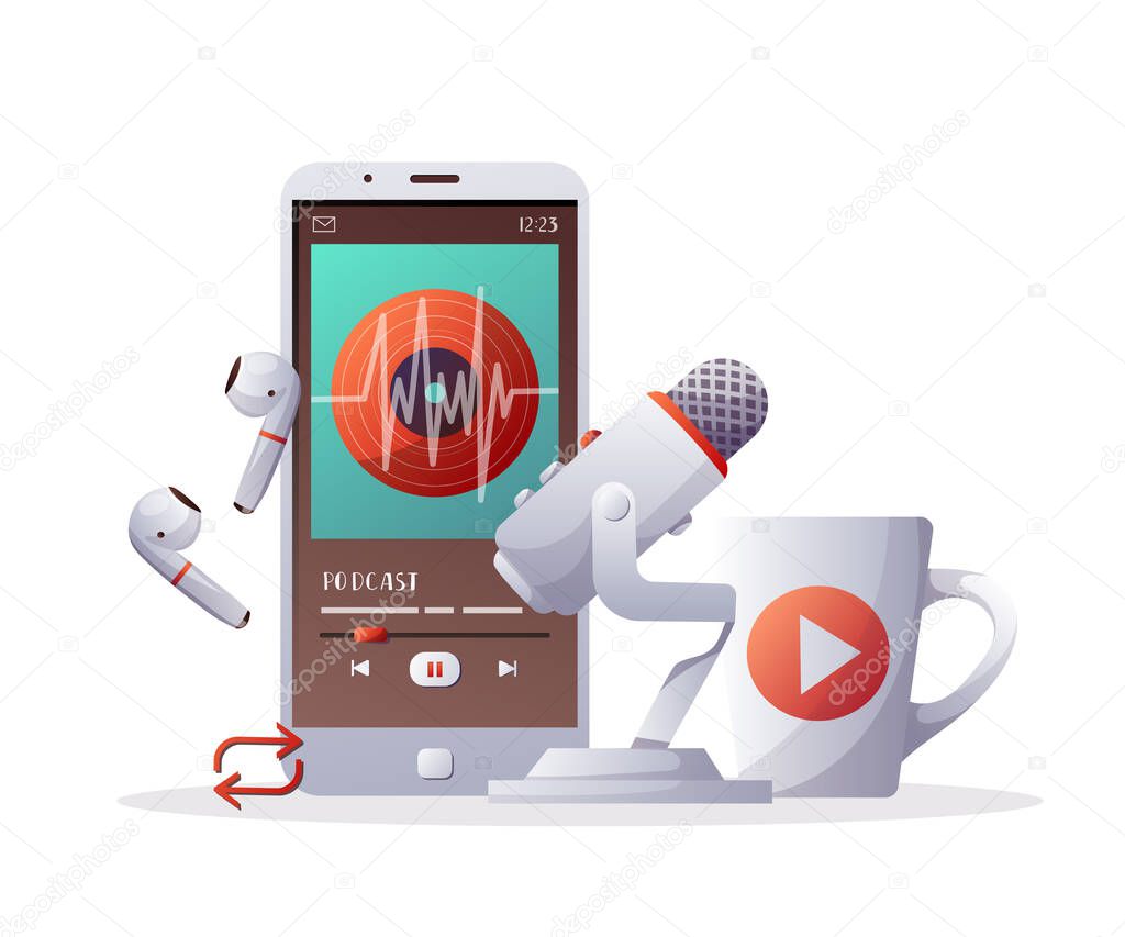 Microphone, Phone, earphones and cup. Podcast, Streaming, Online show, blogging, radio broadcasting concept. isolated vector illustration for poster, banner, advertising.