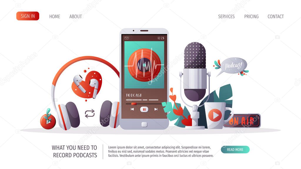 Microphone, Phone, headphones, podcast elements. Podcast, Streaming, Online show, blogging, radio broadcasting concept. Vector illustration for website, poster, banner, advertising.