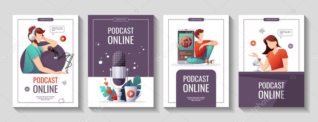Set of promo flyers for Podcast, Streaming, Online show, blogging, radio broadcasting. Vector illustration for poster, banner, advertising.