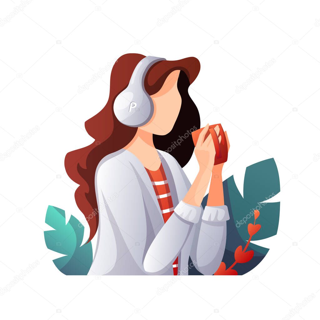 Woman with headphones and cup listening to music, audio book or podcast. E-learning, online courses, relaxing concept. Isolated vector illustration for card, poster, banner.