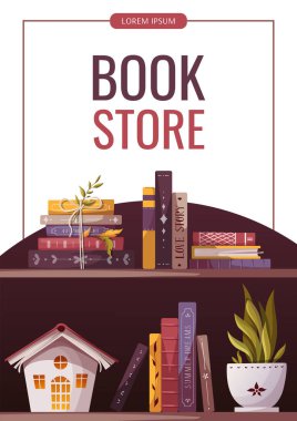 Kitapçı, kitapçı, kütüphane, kitap sever, e-kitap, eğitim için tanıtım broşürleri. Poster, afiş, reklam ve kapak için A4 vektör illüstrasyonu.
