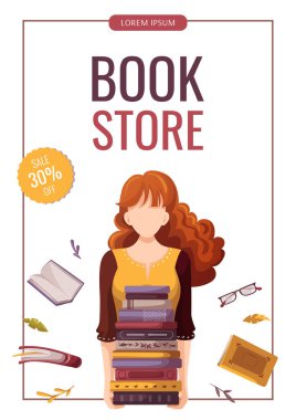 El ilanı tasarımı, elinde kitap yığını tutan ve okuyan bir kadın. Kitapçı, kitapçı, kütüphane, kitap sever, bibliyofil, eğitim kavramı. Poster, pankart, satış ve reklam için A4 vektör illüstrasyonu.