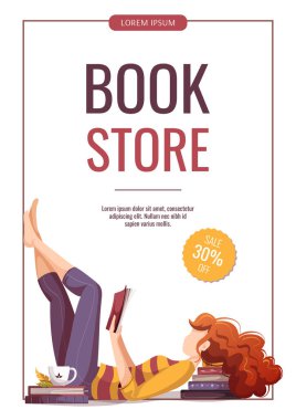 El ilanı tasarımı, kitap yığınının üzerinde yatan ve okuyan bir kadın. Kitapçı, kitapçı, kütüphane, kitap sever, bibliyofil, eğitim kavramı. Poster, pankart, satış ve reklam için A4 vektör illüstrasyonu.