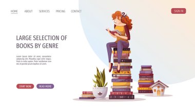 Kitap yığınının üzerinde oturup kitap okuyan bir kadın. Kitapçı, kitapçı, kütüphane, kitap sever, bibliyofil, eğitim kavramı. Poster, afiş, web sitesi, reklam için vektör illüstrasyonu.