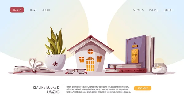 本屋や図書館のためのウェブテンプレートデザインベクトルイラストコンセプト — ストックベクタ