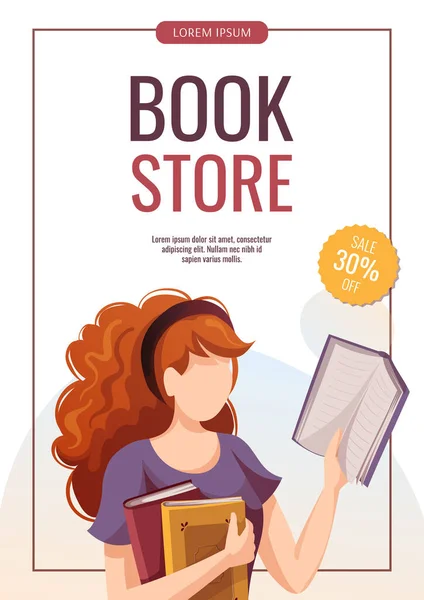 Flyer Ontwerp Met Vrouw Die Boeken Vasthoudt Leest Boekhandel Boekhandel — Stockvector