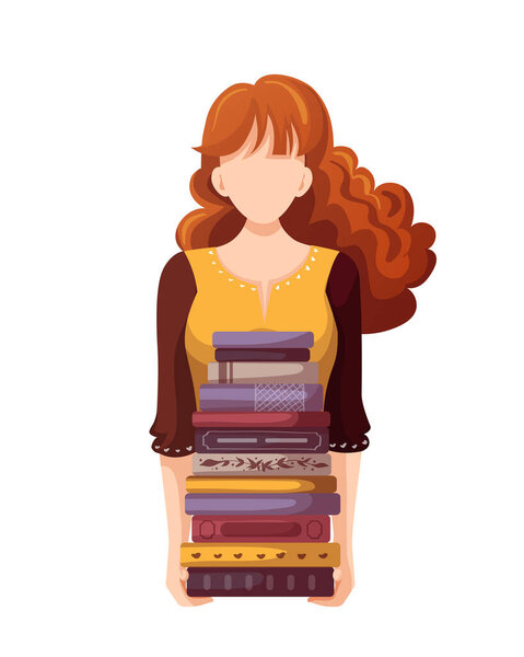 Woman holding stack of books. Bookstore, bookshop, library, book lover, bibliophile, education concept. Vector illustration for poster, banner, website, advertising.