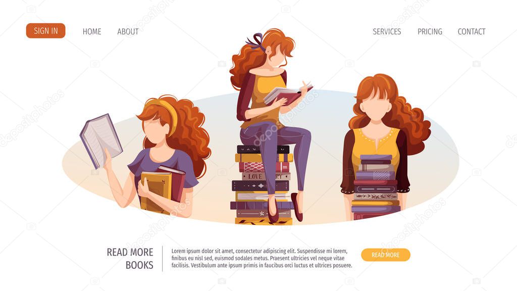 Women with books. Bookstore, bookshop, library, book lover, reading, education concept. Vector illustration for poster, banner, website.