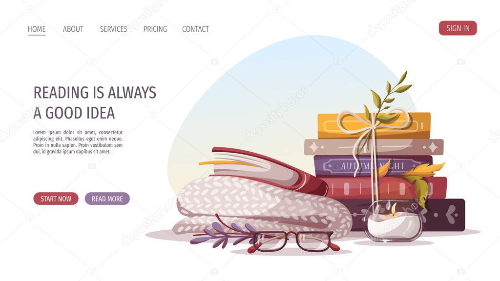 Reading set with stack of books, glasses, decorative house. Bookstore, bookshop, library, book lover, bibliophile, education concept. Vector illustration for poster, banner, website, advertising.