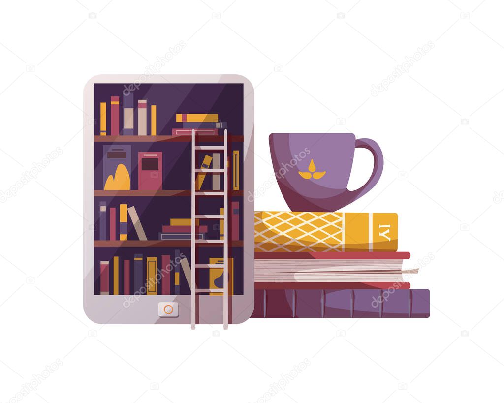 Books with tablet and cup of tea isolated on white background, bookstore, bookshop, library concept vector illustration