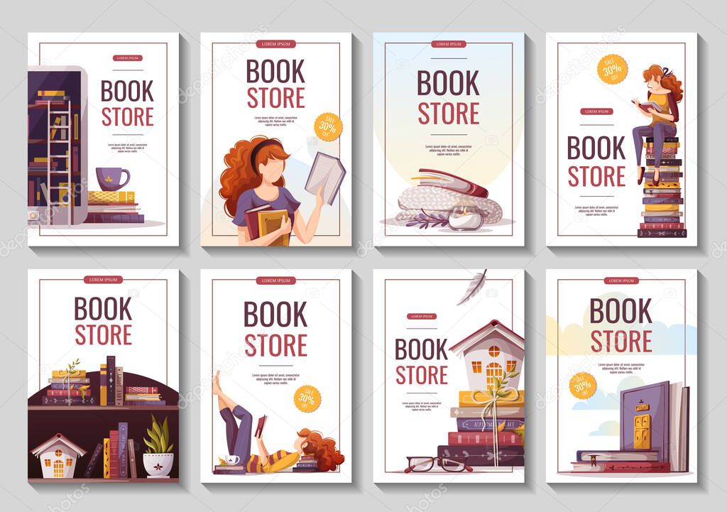 Set of flyers for bookstore, bookshop, library, book lover, e-book, education. A4 vector illustration for poster, banner, advertising, cover.