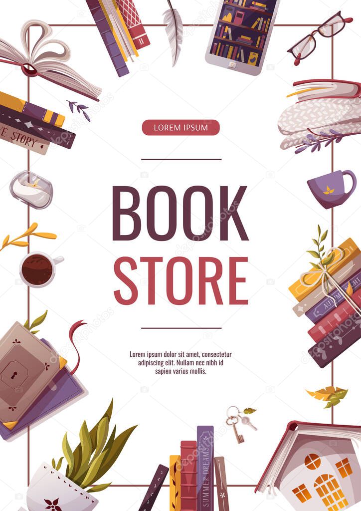 Promo flyers for bookstore, bookshop, library, book lover, e-book, education. A4 vector illustration for poster, banner, advertising, cover.