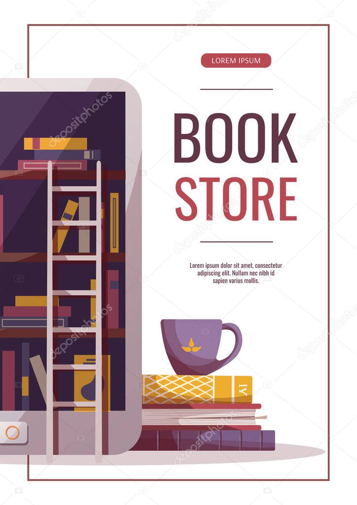 Promo flyers for bookstore, bookshop, library, book lover, e-book, education. A4 vector illustration for poster, banner, advertising, cover.