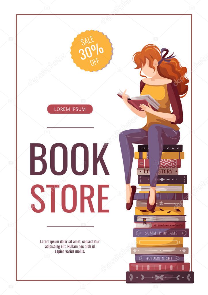 Flyer design with woman sit on the stack of books and reading. Bookstore, bookshop, library, book lover, bibliophile, education concept. A4 vector illustration for poster, banner, sale, advertising.