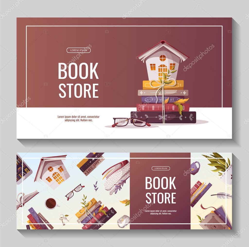 Promo sale banners for bookstore, bookshop, library, book lover, e-book, education. Vector illustration for poster, banner, advertising, flyer.