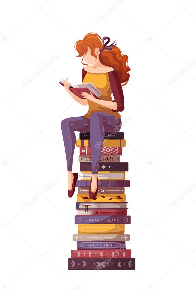 Woman sitting on the stack of books and reading. Bookstore, bookshop, library, book lover, bibliophile, education concept. Vector illustration for poster, banner, website, advertising.